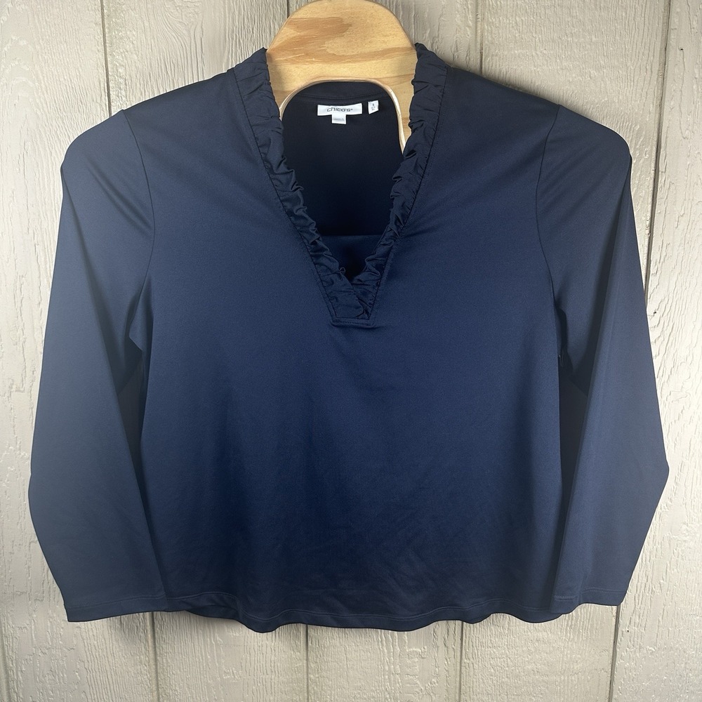 Chico's Blouse Womens 3 XL Navy Blue Ruffle Vneck Long Sleeve Stretch Pullover